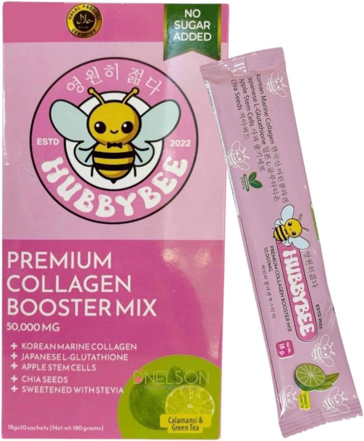 Hubby Bee Premium Collagen Booster Mix - 50,000 MG Korean Hydrolyzed Marine Collagen with Japanese L-Glutathione & Apple Stem Cells - 10 Sachets (18g Each) (180g, Calamansi & Green Tea)