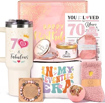 70th Birthday Gifts for Women, Unique Cool Turning 70 Year Old Gifts, Best 70 and Fabulous Birthday Gift Basket for Woman Female Mom Wife Grandma Sister with 40oz Tumbler