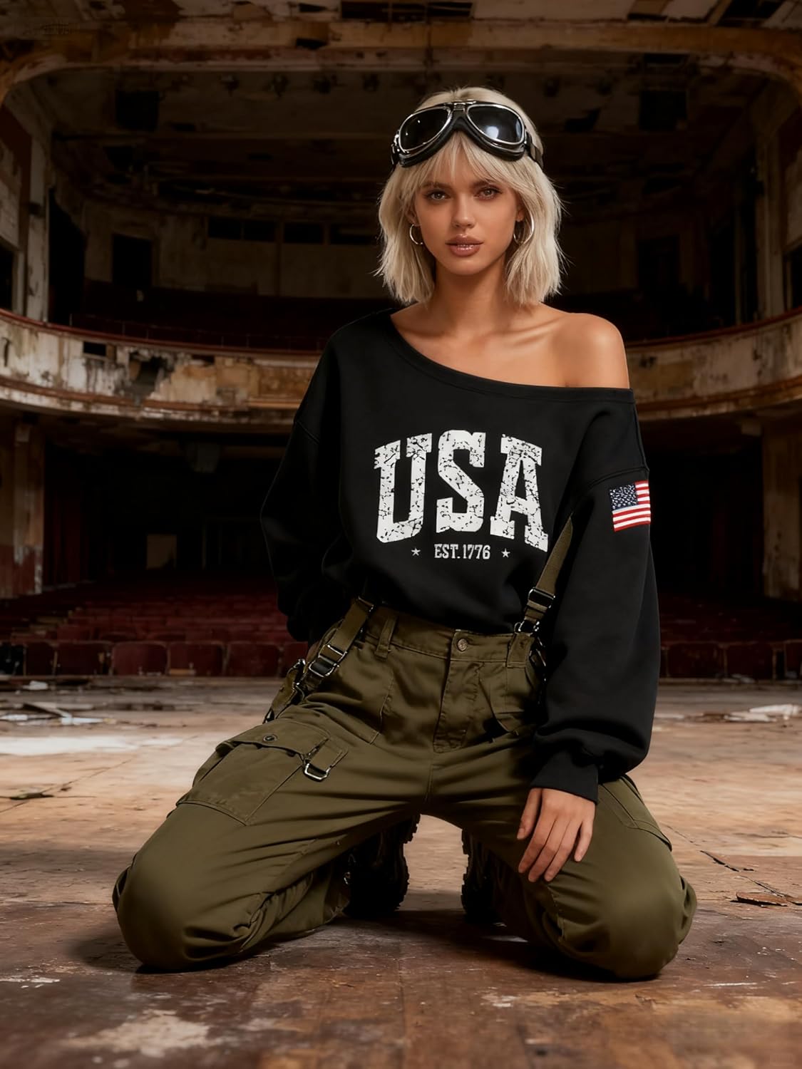 Dressmine Womens Sexy Off Shoulder Sweater USA Sweatshirts Long Sleeve Patriotic Shirt American Flag Hoodie Pullover - Image 5