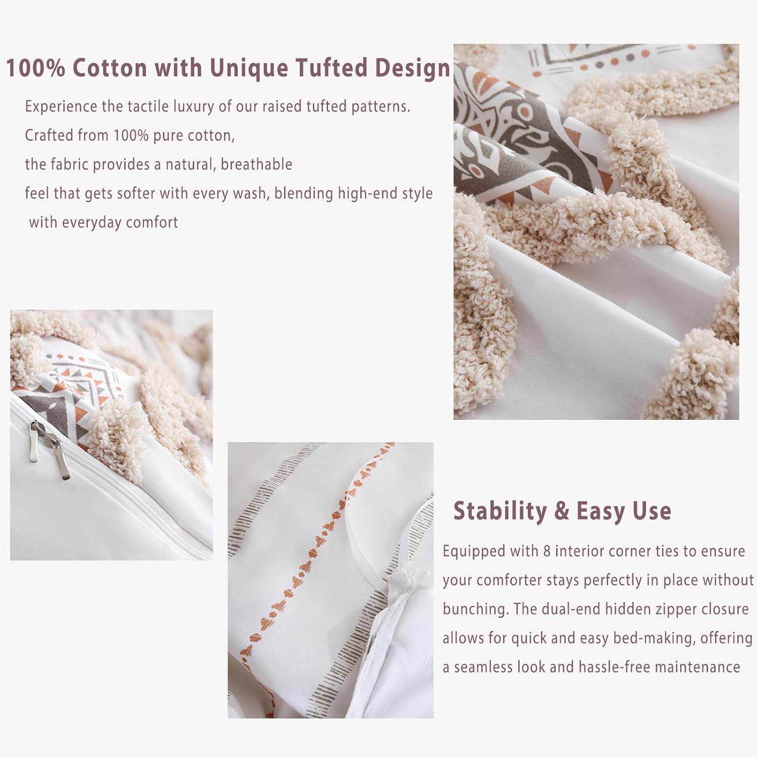 Herside 100% Cotton Boho Duvet Cover Set King Size,Shabby Chic Aztec Western Beige Tufted Bedding,Farmhouse Luxury 3 Piece Textured Quilt Duvet Set for All Season Home Decor