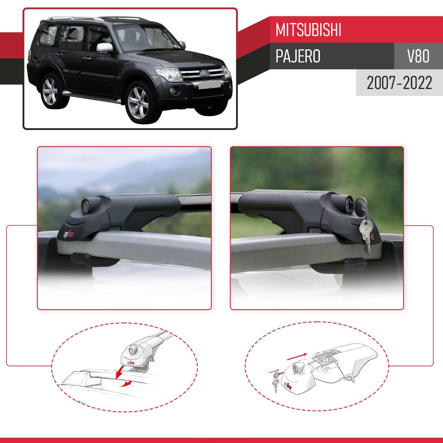 Compatible con Mitsubishi Pajero (V80) 2007-2022 Modelo Ace-1 Barra de Techo Auto Portaequipajes Barras Transversales Negro Aluminio 2 Barras
