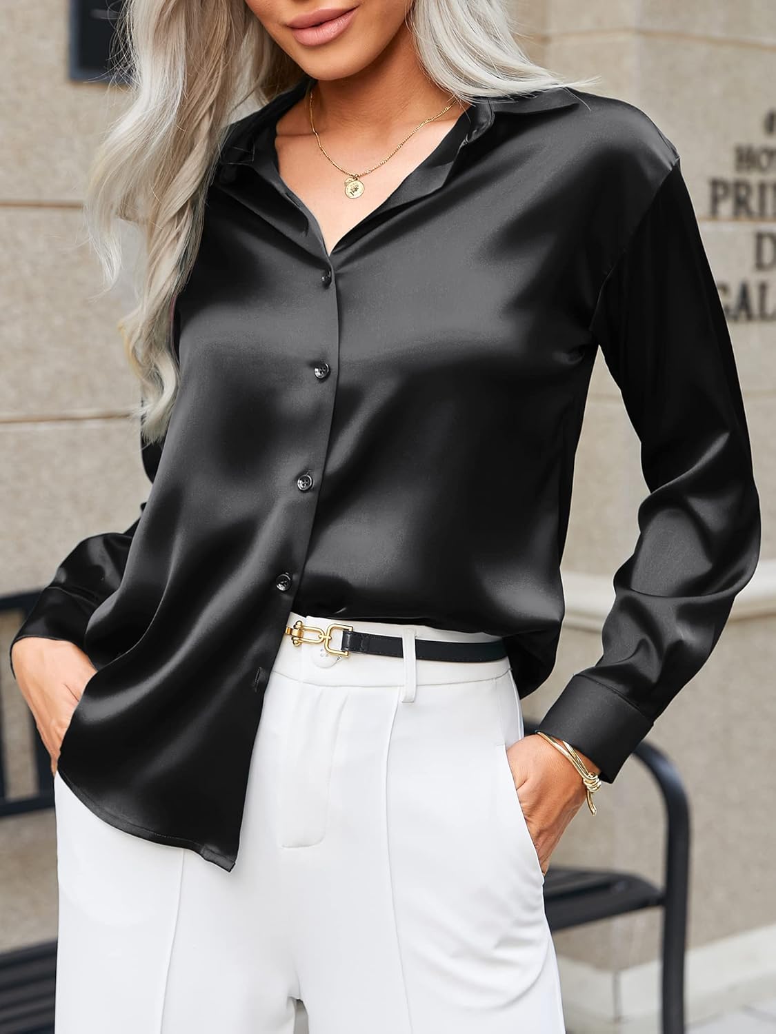 Zeagoo Women Satin Button Down Shirt Long Sleeve Tops Silk Blouse V Neck Dressy Casual Loose Work Office Blouse Tunic Fall - Image 2