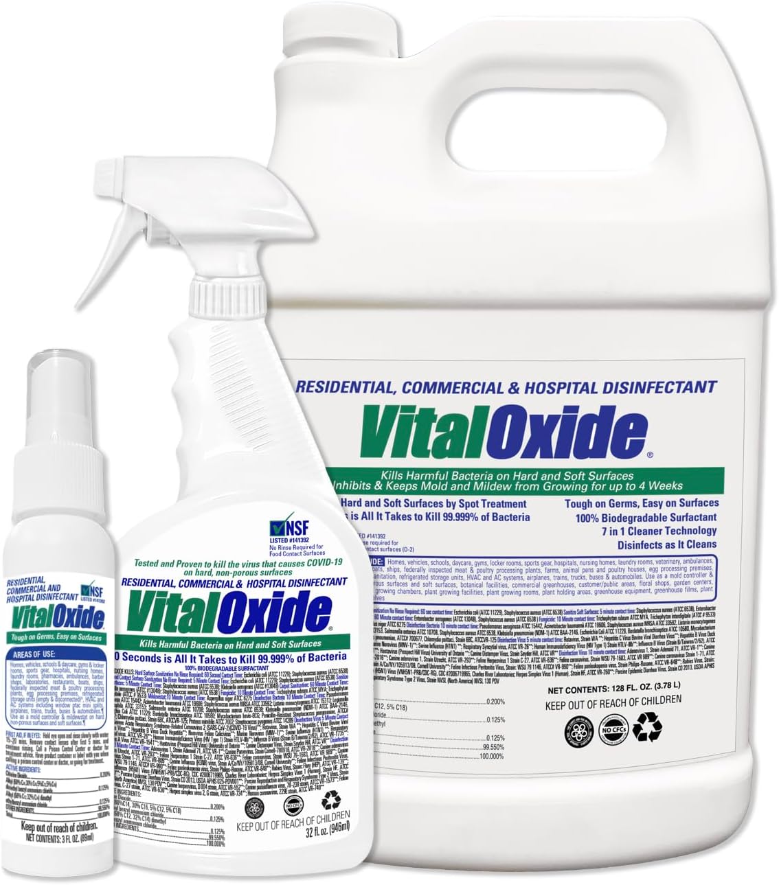 Disinfectant, Deodorizer, Cleaner, Food-Contact Sanitizer, Virucide – (EPA registration #82972-1) – Kills Mold & Mildew, Eliminates Odors – 1 Gallon, 32 oz, & 3 oz