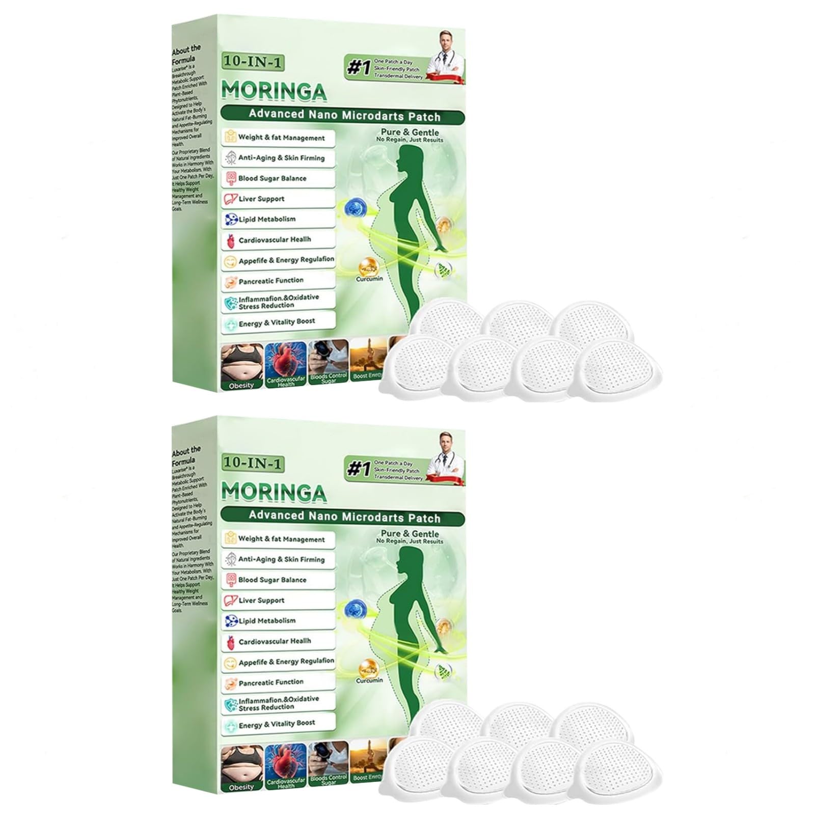 Moringa x Berberin Pflaster, Nano Mikronadel Pflaster, Bauch Schnell Loswerden, Moringa NAD+ 10-in-1 Microneedling Patches, Bauch Weg, Bein Straffen, Straffung Körper, Straffung Patch, 2 Pack