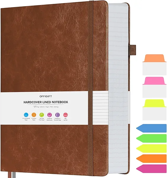 OFFIGIFT College Ruled Notebook, Large A4 Hardcover Leather Journal, 312 Numbered Pages Writing Journal, 100gsm No Bleed Paper, Lined Journal Notebook for Women Men School Office, 8.5''×11'', Brown