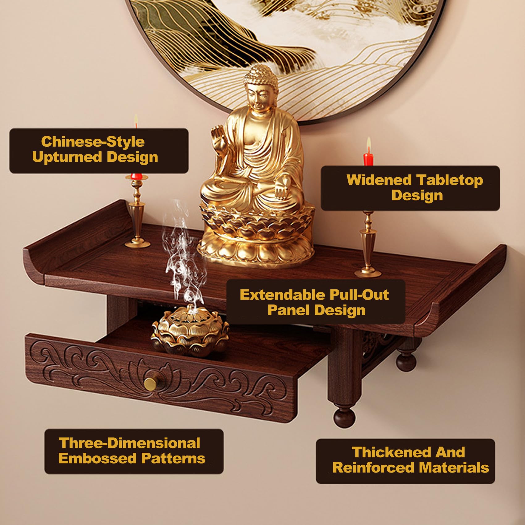 Table d'autel murale en bois massif, sculptée à la main avec tiroir coulissant pour encens et méditation, support de prière zen peu encombrant pour la maison