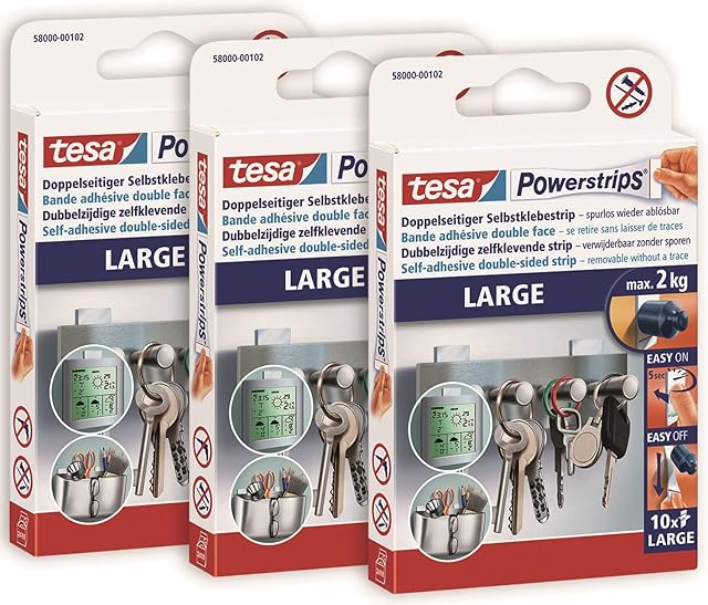 tesa 58000 Large Pack of 3-Double-Sided Adhesive Strips for Mounting Objects on Smooth Surfaces-Up to 2 kg Holding Capacity-Total 30 Powerstrips, Clear