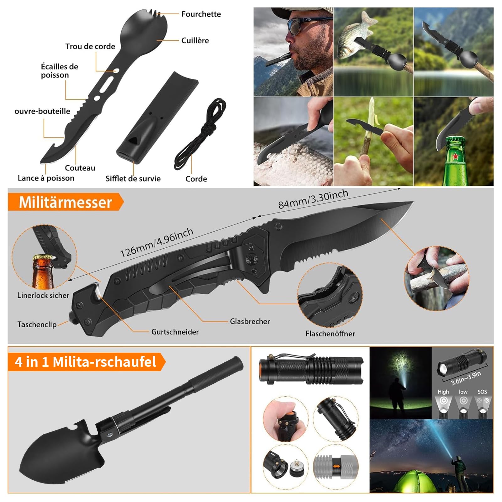 Kit de Survie Randonnée - Équipement Outdoor avec Pelle Pliante, Couteau Multifonction, Lampe Torche, Bracelet et Trousse de Premiers Secours pour Camping Aventure Trekking Urgence