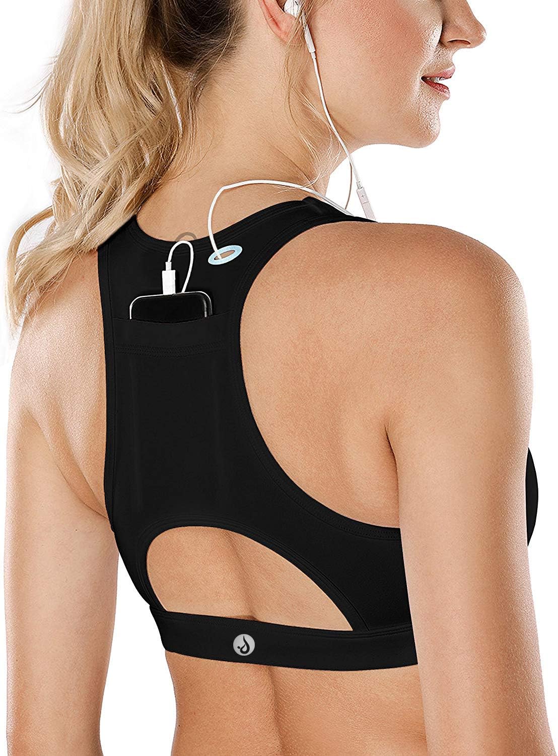 Women's Sports Bra Padded Medium Support Racerback Phone Back Pocket
