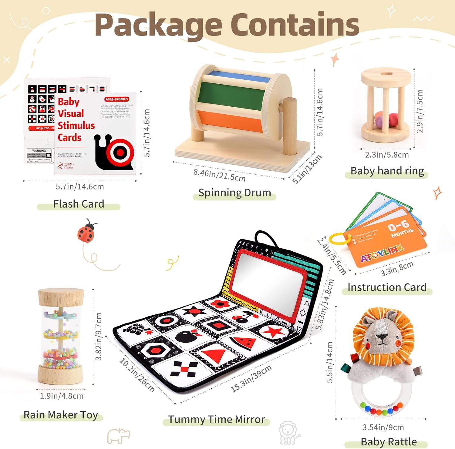 Toyssa Montessori Toys for Babies 0-6 Months, 6 in 1 Wooden Learning Educational Sensory Toys with Spinning Drum & Tummy Time Mirror & Baby Rattle & Flash Card, Birthday Gifts for Babies Boys Girls
