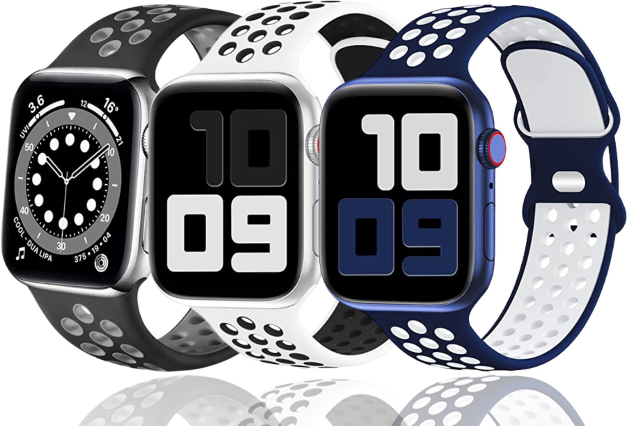 RGY [3 pack] Compatible with Apple Watch Straps 45mm 44mm 42mm SE iWatch Series 7 6 5 4 3 2 1 for Women Men, Breathable Sport Silicone Replacement Band - Black/Grey - White/Black - Blue/White