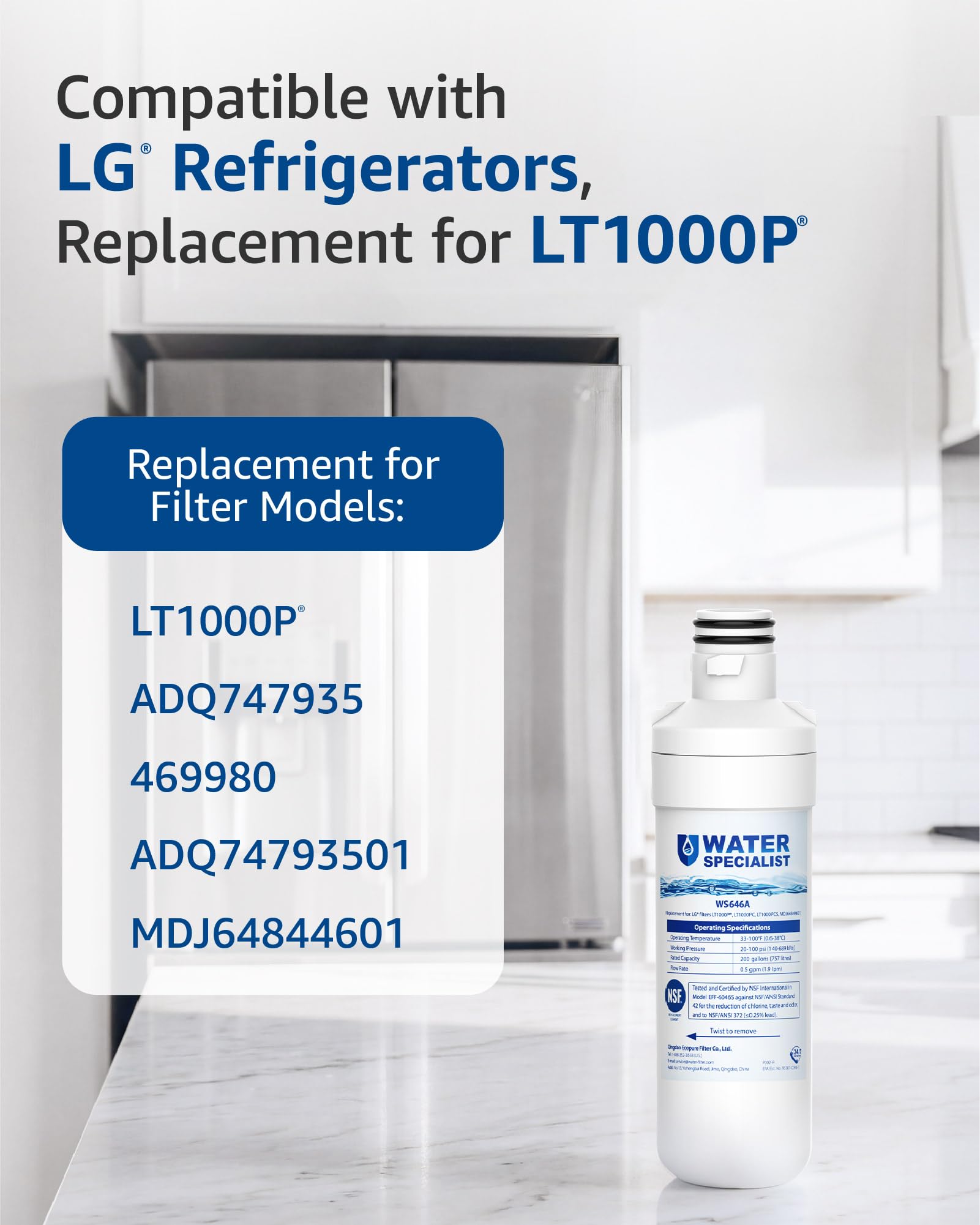 Waterspecialist MDJ64844601 filtr wody do lodówki, certyfikat NSF, zamiennik dla LG LT1000P, LT 1000P, LT1000PC, LT1000PCS, LFXC24796S, ADQ74793501, ADQ74793502, Kenmore 46-9980, 9980 (3 sztuki)