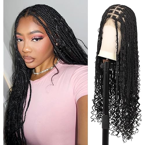 Lexqui HD Full Lace Braided Wigs for Women Knotless Boho Braided Wigs Box Braid Wig with Baby Hair Premium Synthetic Boho Curls Braided Wig,Natural Black 36 Inches