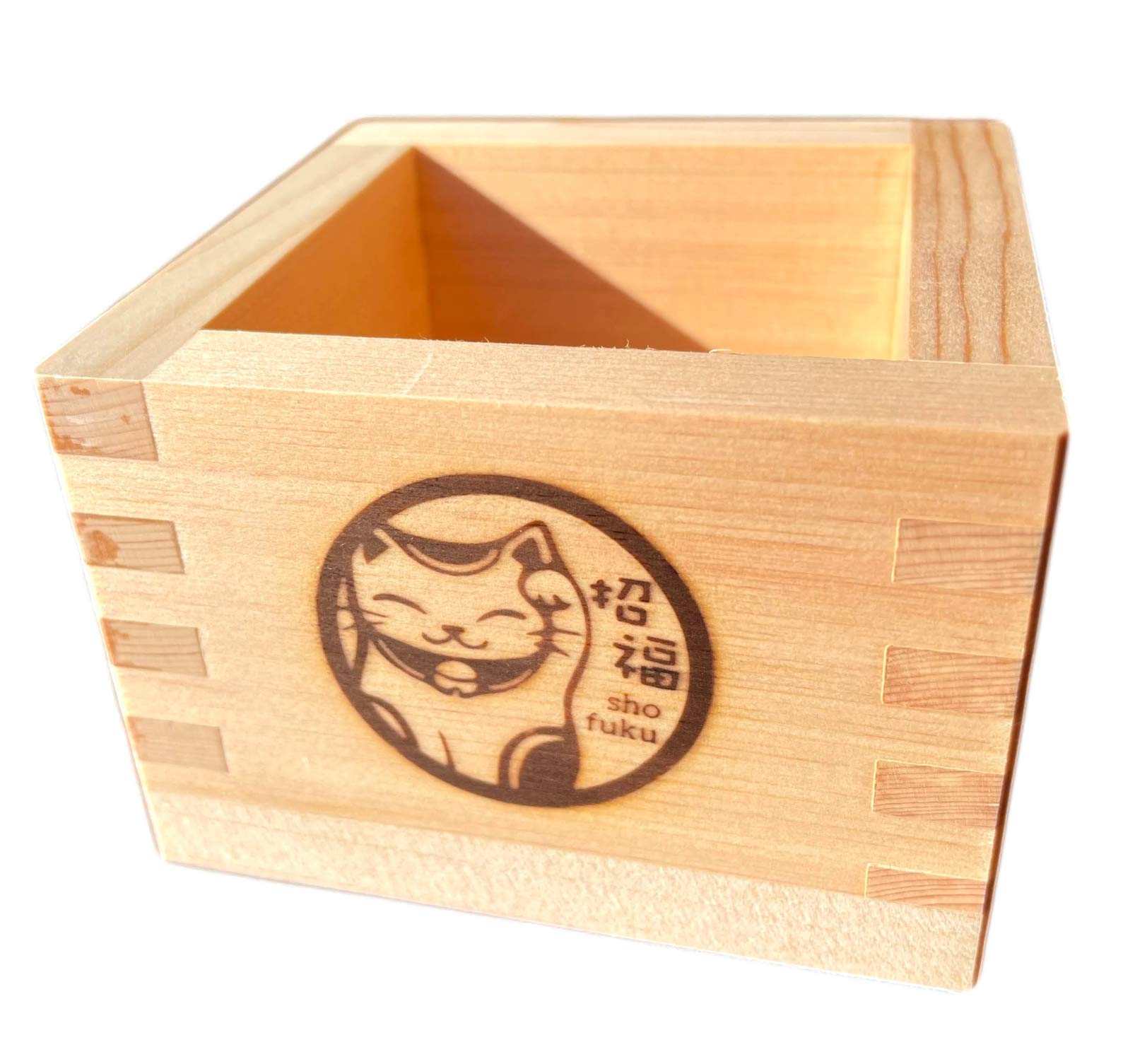EDOYA Hinoki Wood Sake Cups (Set of 2) Japanese Box Masu with Japanese Lucky Brand (Blessing Cat)