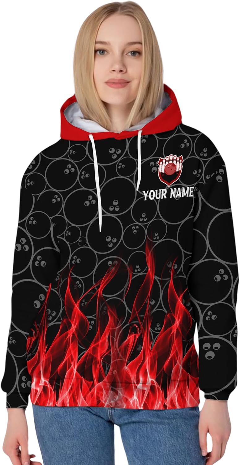 Men's Bowling Hoodie Custom Red Flame Bowling Pin Shirt For Grandpa 3D Bowling Theme Clothing