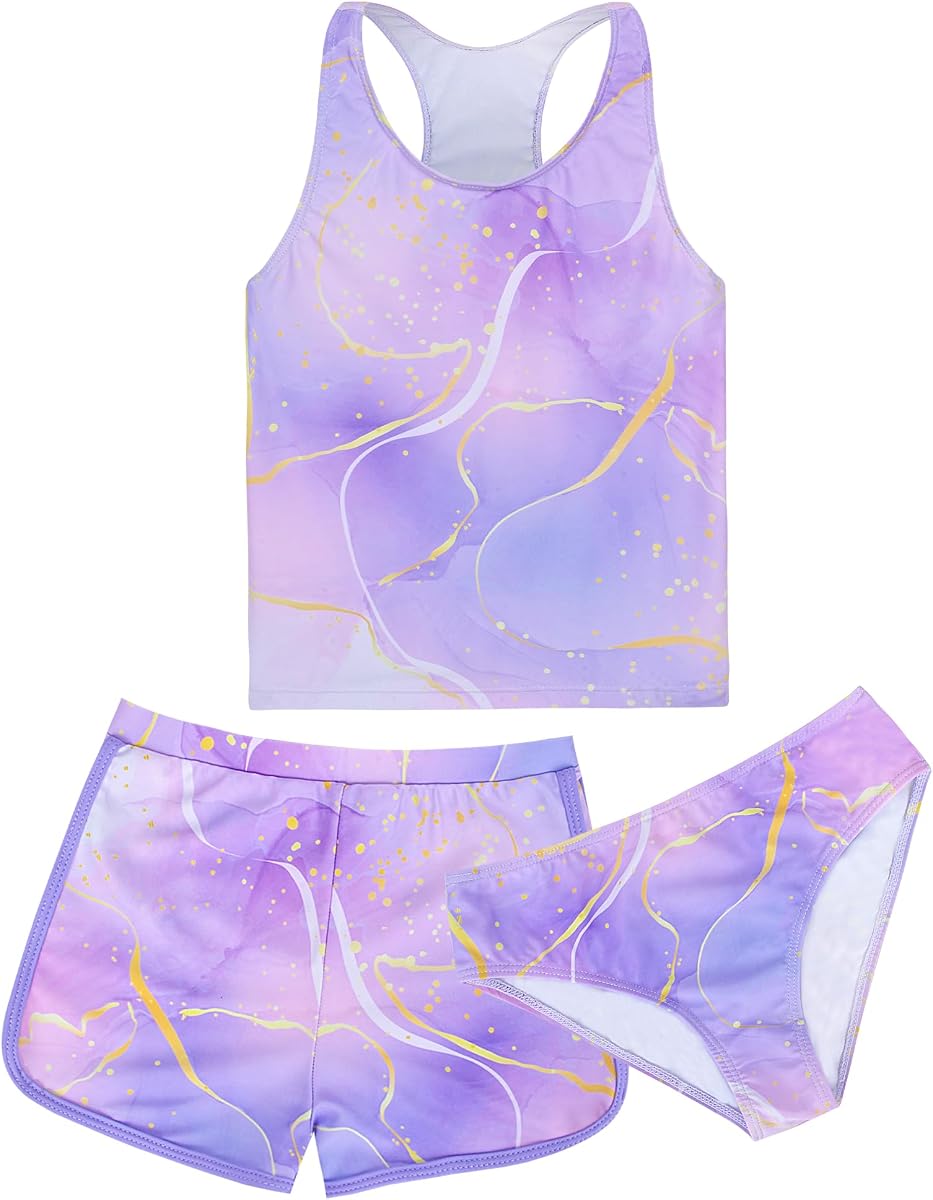 Girls Tankini Swimsuit 3 Piece Bathing Suit Set Cute Bikini Swimwear with Shorts Summer UPF 50+ Racerback Kids Swim Suit
