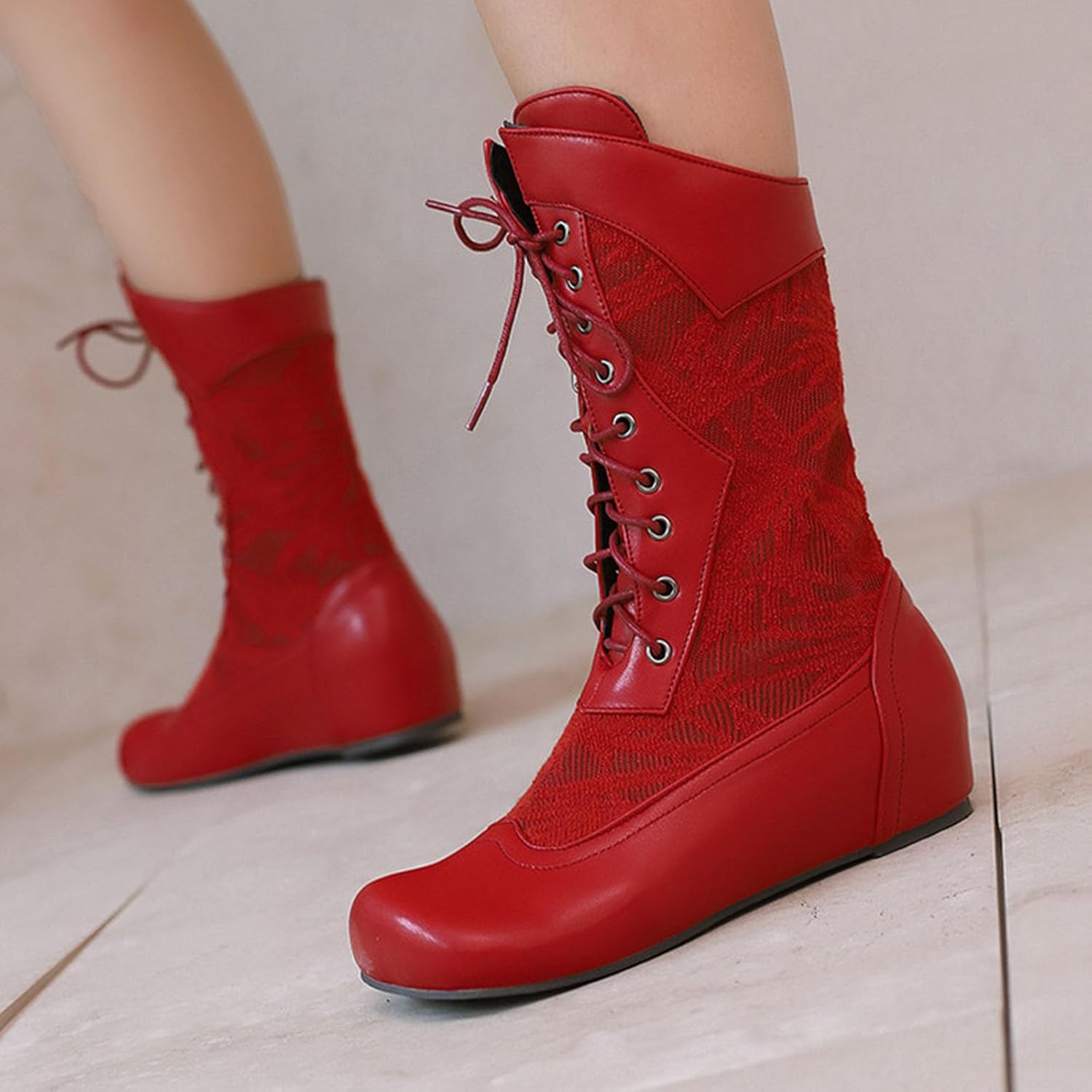 Women's Lace Up Cowboy Boots Mid Calf Riding Combat Boots PU Leather Flat Heel Cowgirl Boot for Ladies