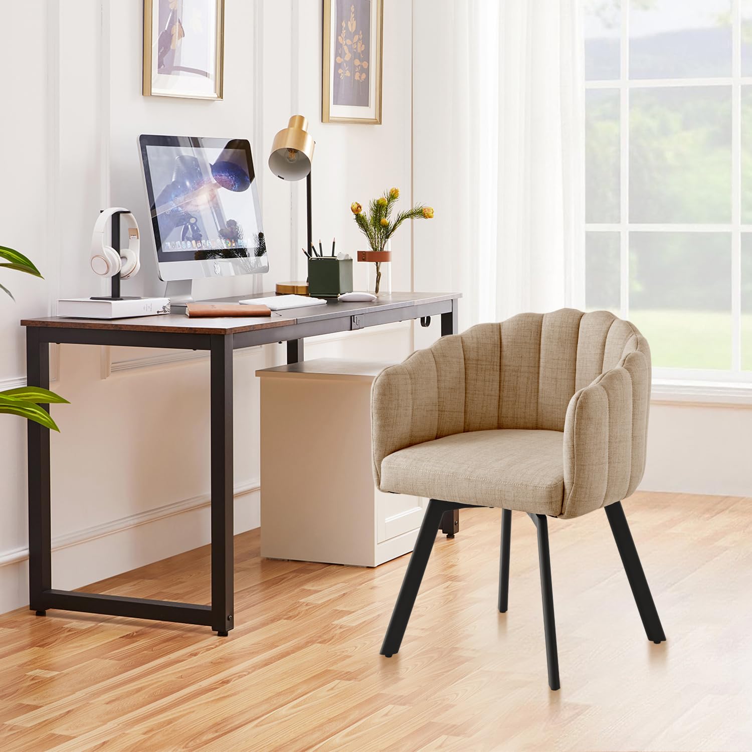 Sillas de comedor giratorias, juego de 2 sillas giratorias de comedor con reposabrazos, sillas tapizadas de tela de lino, sillas giratorias con patas de metal, sillas de cocina, sillones de