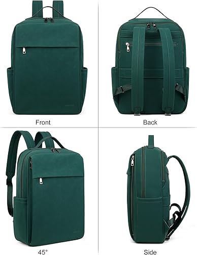 Miniatura 4 de MASINTOR Mochila para portátil de piel sintética de 15.6 pulgadas para mujer, mochila casual grande para universidad, bolsa de viaje, Verde retro,