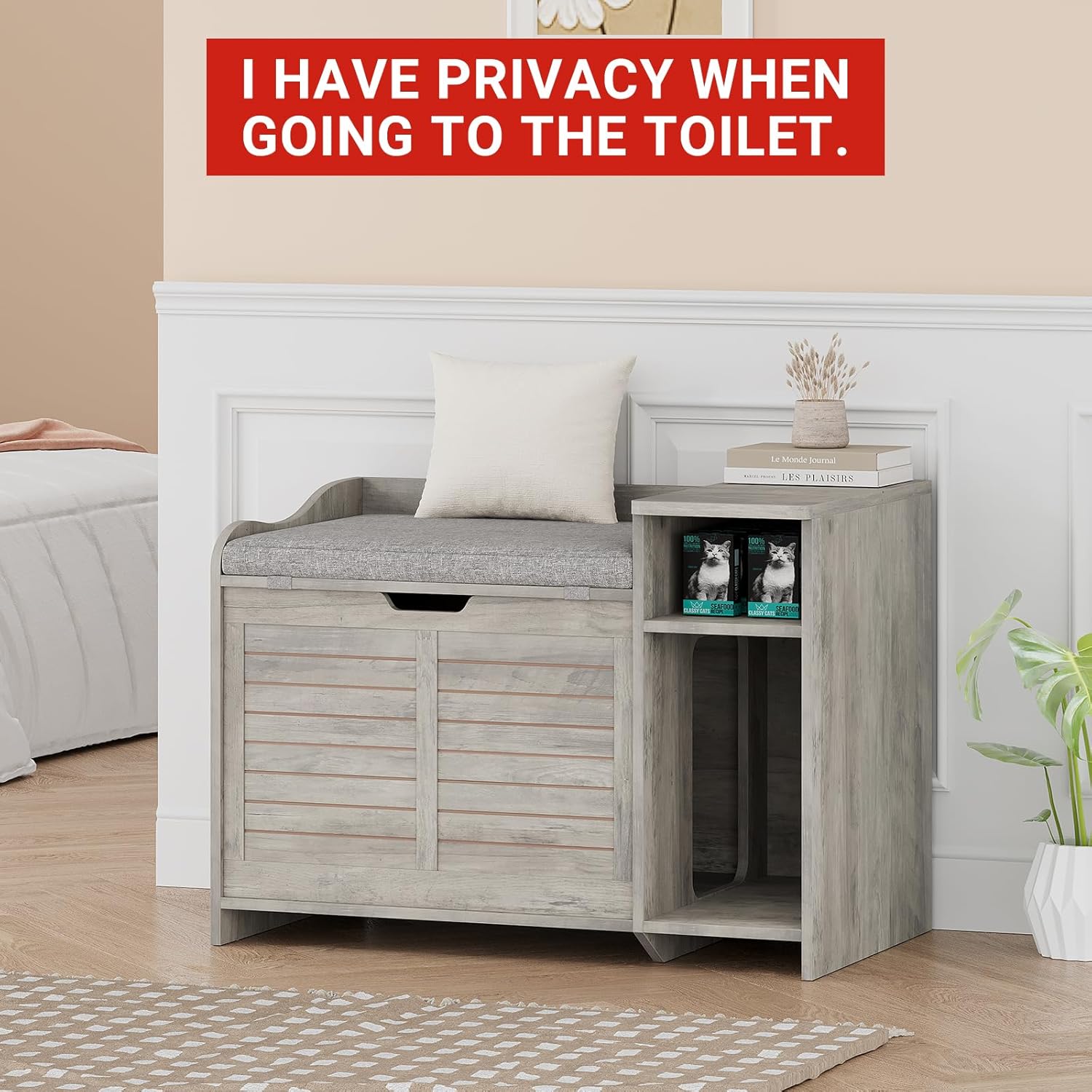Cat Litter Box Enclosure with Cushion, Hidden Cat Litter Box Furniture, Condo Cabinet with Top Opening, Flip Top Feeding Station, Pet House Washroom, Grey