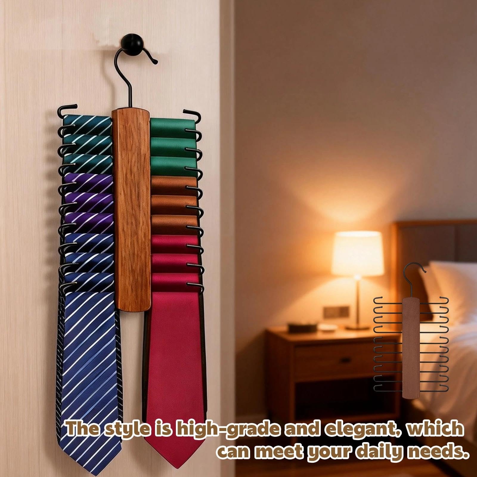 Portacravatte In Legno Per 20 Cravatte: Cremagliera Sospesa Con Gancio Girevole 360° Per Armadio. Organizer Da Parete Per Cravatte, Sciarpe, Cinture, Scialli. Design Sottile E Salvaspazio.