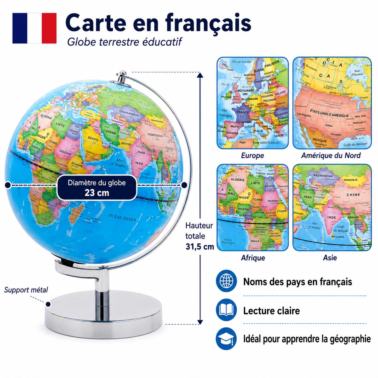 EXERZ Globe Terrestre Lumineux 23 cm Français LED Support Métal | Sans câble avec support métal carte politique jour ciel étoilé nuit pour enfants bureau chambre cadeau