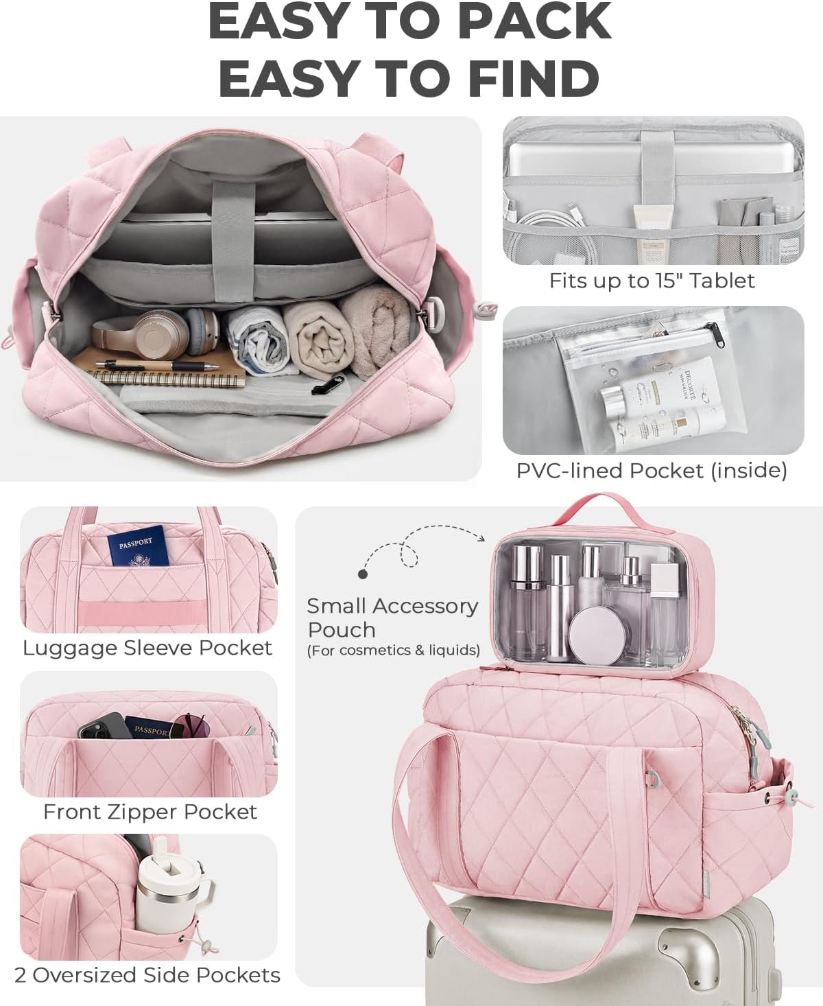 Percover Women Gym Bag with Toiletry Organizer Pouch, Quilted Workout Duffle with Compartments for Daily Fitness & Yoga, Locker-Friendly Soft Carry, Blush Pink