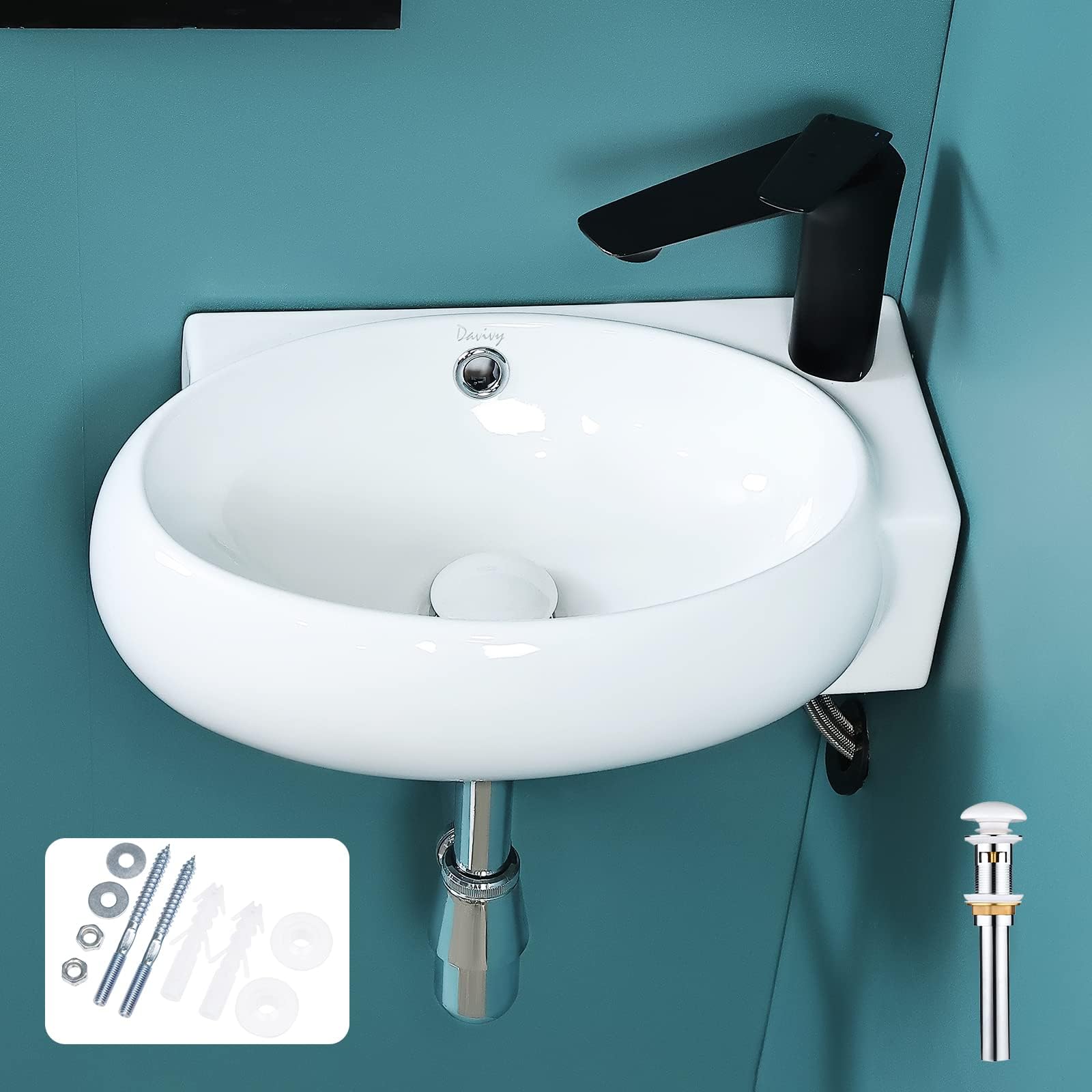Davivy 17.1" x 12" Wall Mount Bathroom Sink with Pop Up Drain and ...