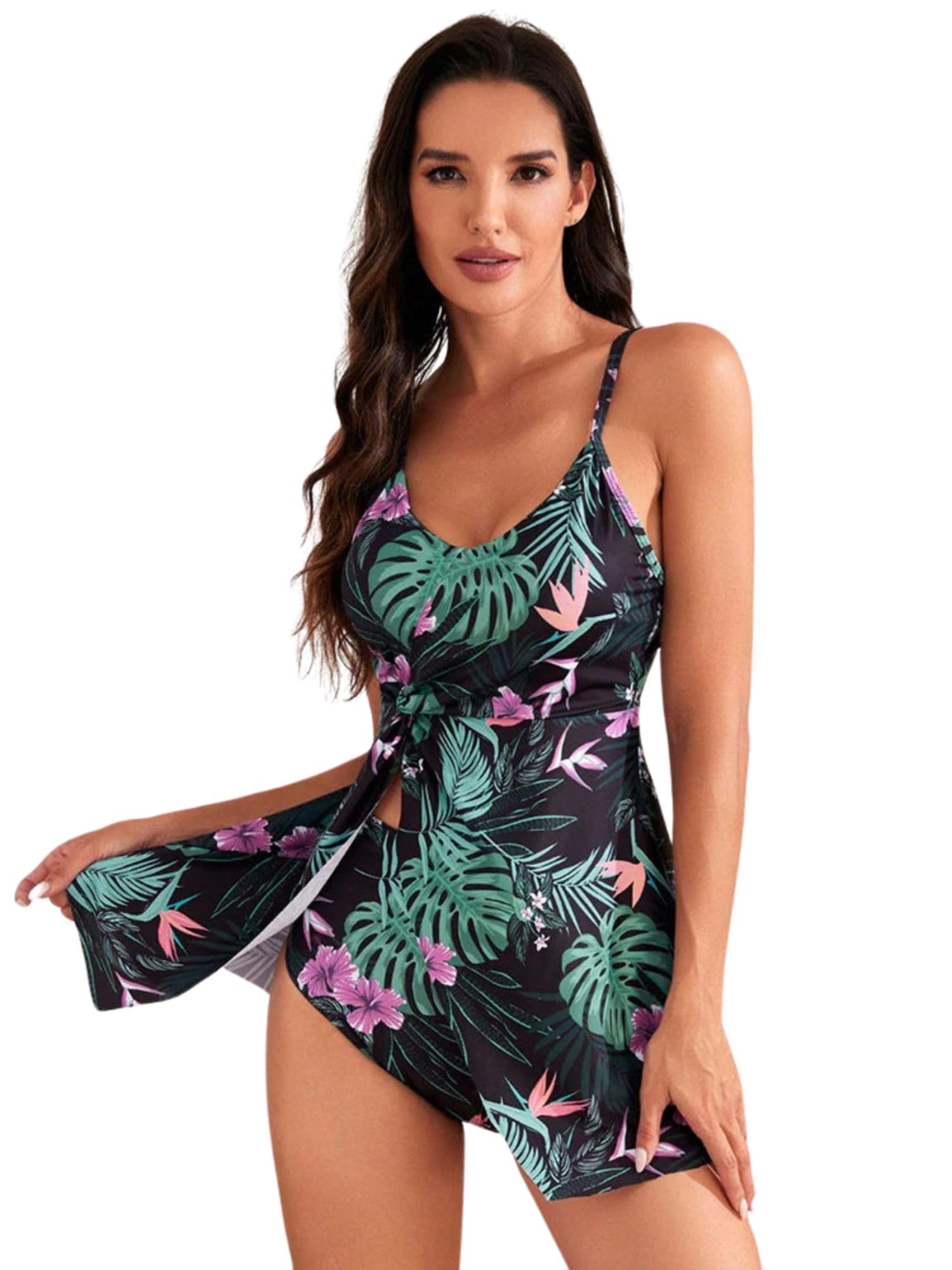 Tropical Print One-Piece Swimsuit with Side Tie Detail, V-Neck, Monstera Leaf and Floral Pattern, Black and Green