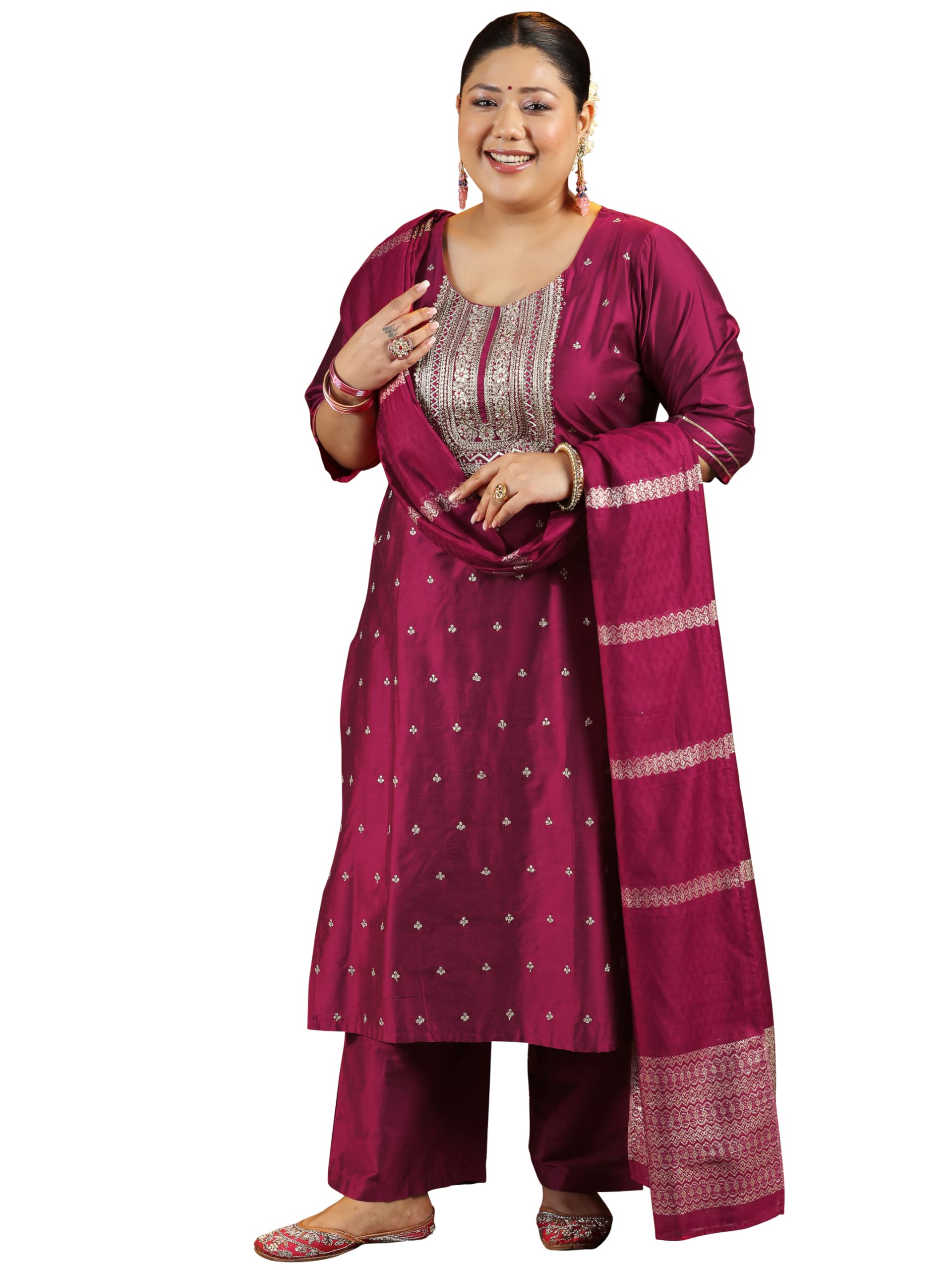 extra love by libas Plus Size Embroidered Silk Blend Straight Kurta With Trouser and Dupatta-picture-39