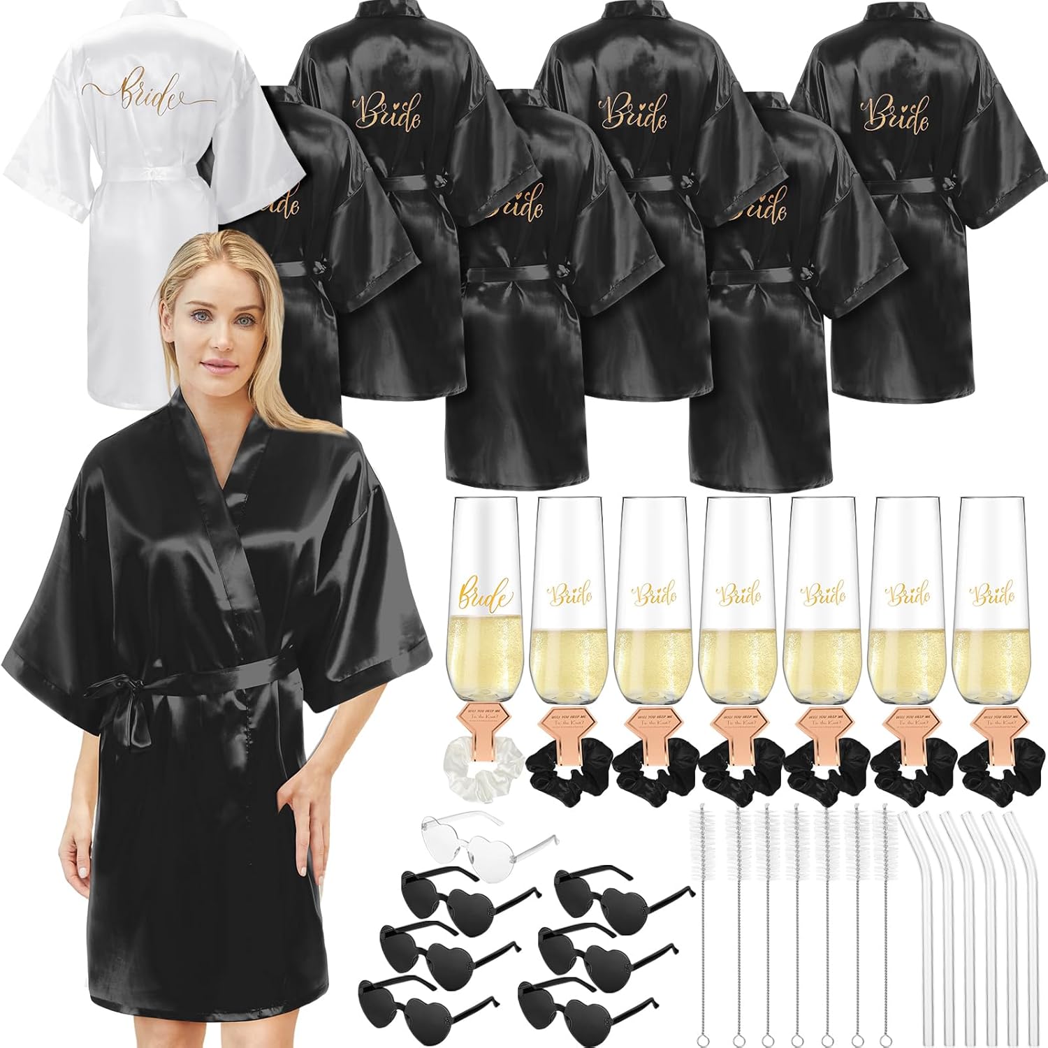 Panitay 42 Pcs Bridal Robes Sets Bride Robes Bridesmaids Proposal Gift Heart Sunglasses Champagne Flutes for Wedding Party