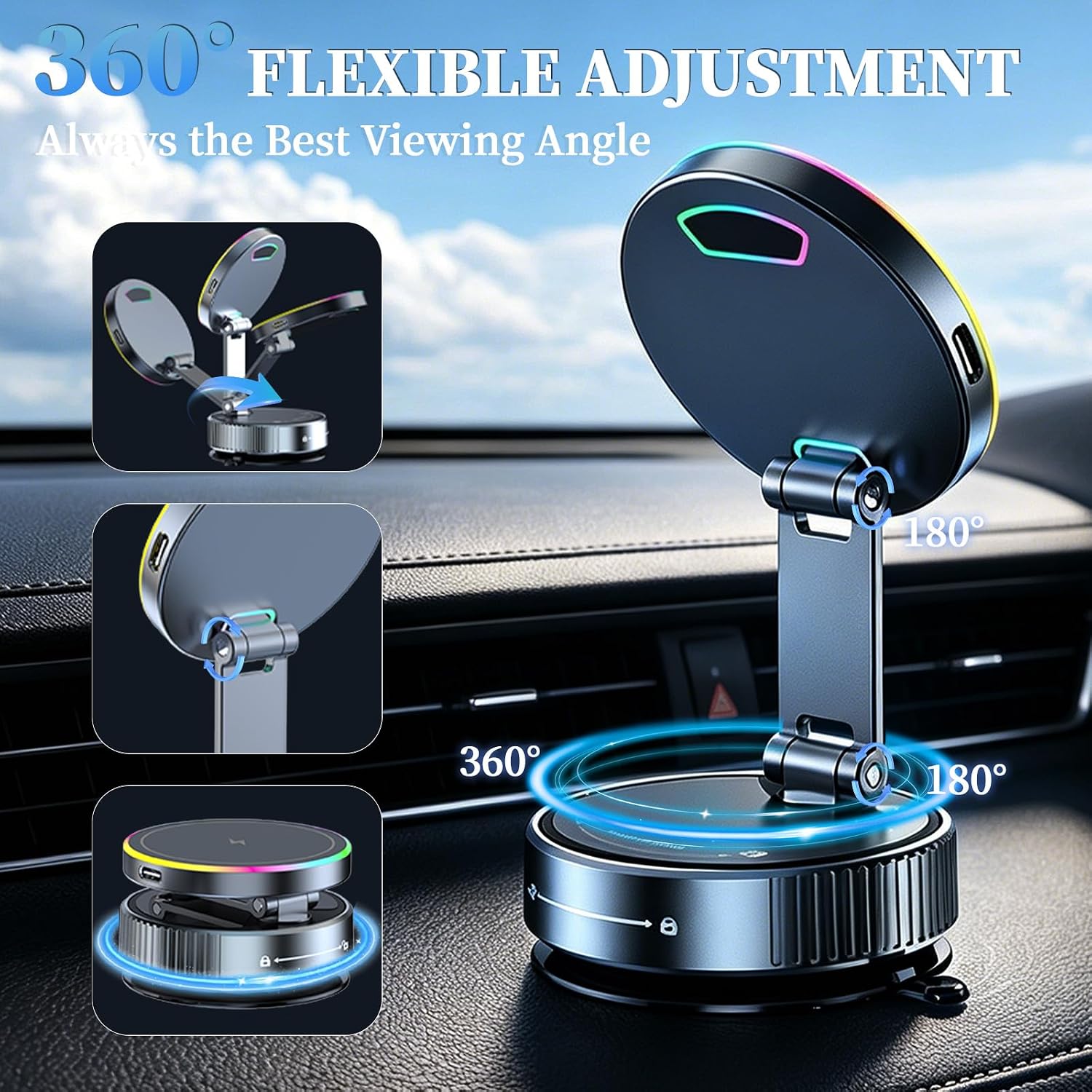 Car Phone Mount Charger, 15W Fast Wireless Charging, Vacuum Suction Magnetic Car Phone Stand for iPhone 12 Series or Later & Android, 360° Adjustable Cell Phone Holders for Your Car