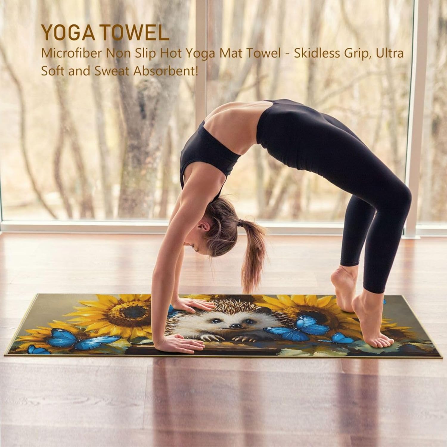 Hedgehog Sunflower Hot Yoga Towel – Stylish, Non-Slip, Grip Dots, Super Absorbent, 27" x 73" - Yoga Mat Towels for Exercise, Fitness