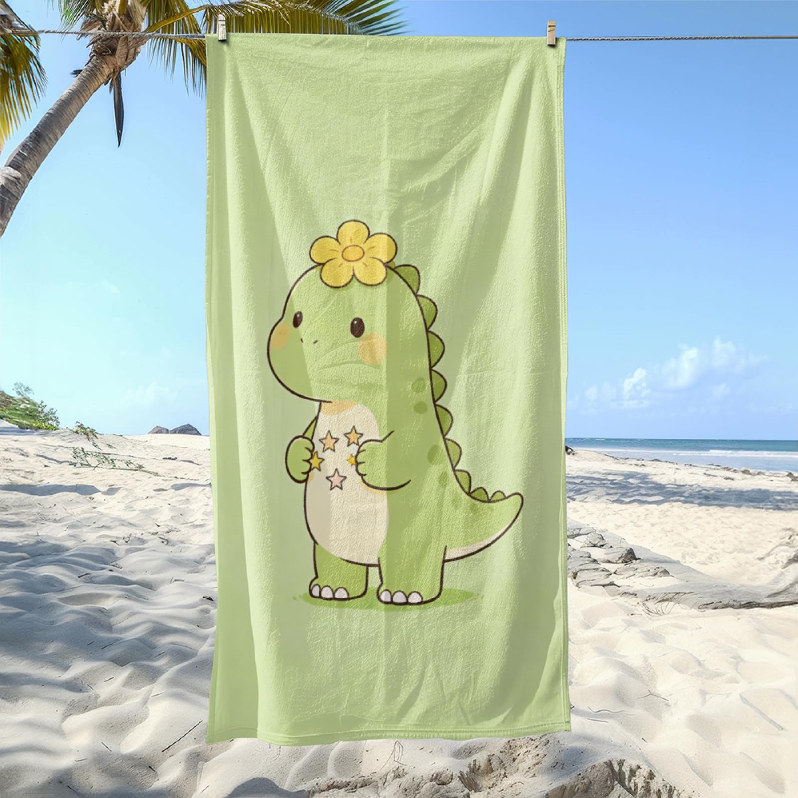 Fouta PlageÉtoile du Dinosaure Vert Modèle Surdimensionné avec Diverses Tailles, Respirante et Portable, Parfaite pour Voyages Sorties Piscine et Usage Extérieur Quotidien 90x160 cm