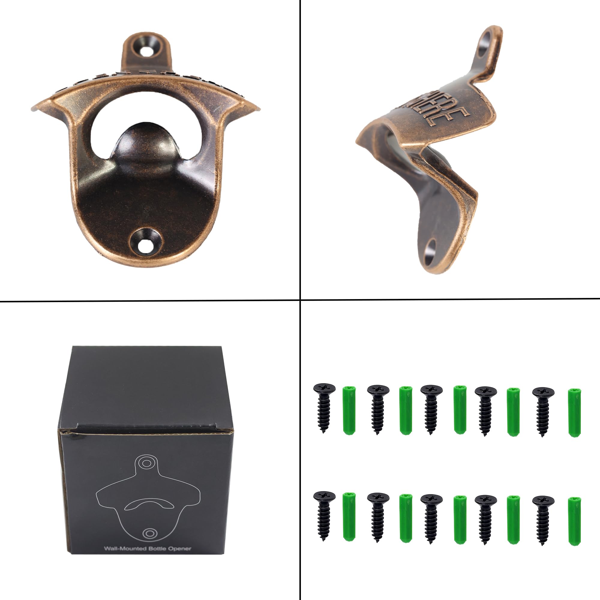 Magnetischer Bierflaschenöffner aus Edelstahl, zur Wandmontage, mit magnetischem Kappenfänger, eingebaut, rustikal, für Bierliebhaber, 5 Packungen (antikes Kupfer)