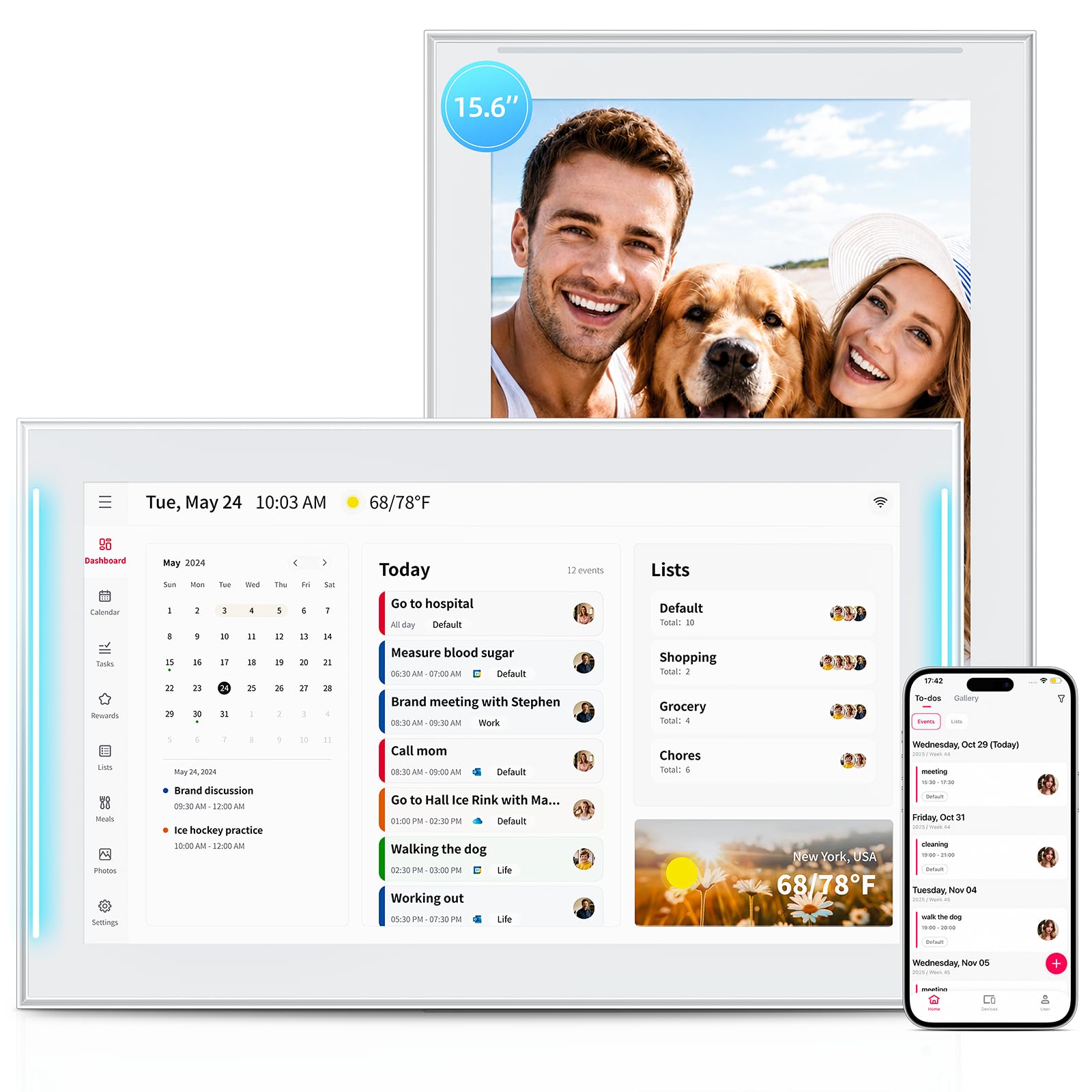 Calendario digitale da parete da 39,6 cm, formato grande, con compiti e sistema di ricompensa, cornice per foto, sincronizzato con Google e Outlook
