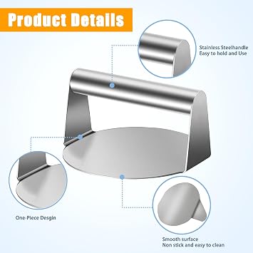 304 Stainless Steel Smash Burger Press, 5.5 Round Non-Stick Grill Press, Professional Bacon Steak Press Accessories Kit, Heavy Duty Burger Smasher for Flat Top Griddle Cooking Steaks BBQ