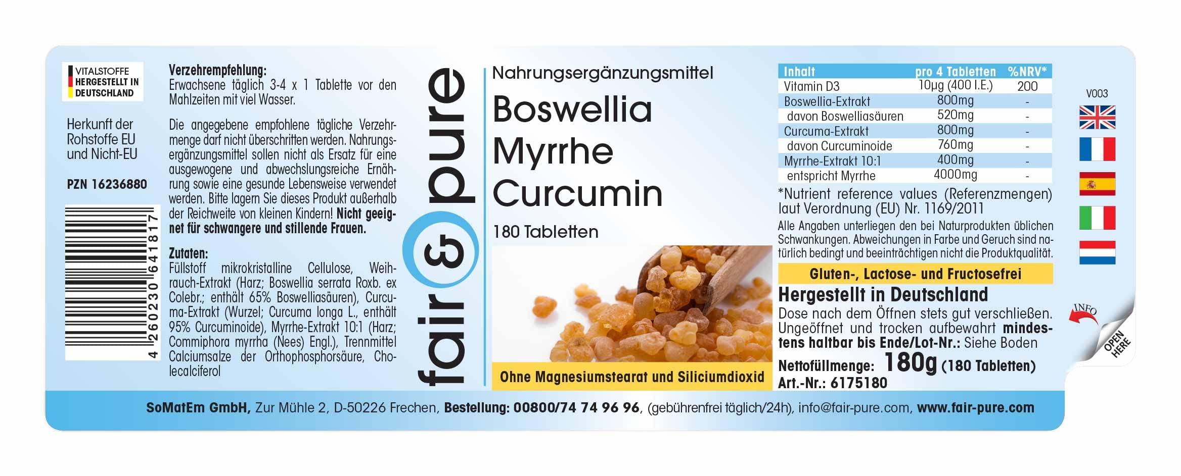 Fair & Pure Boswellia Myrrhe Curcumin mit Vitamin D3, 180 Tabletten, Weihrauch Extrakt, Nahrungsergänzungsmittel ohne Magnesiumstearat, in Deutschland hergestellt