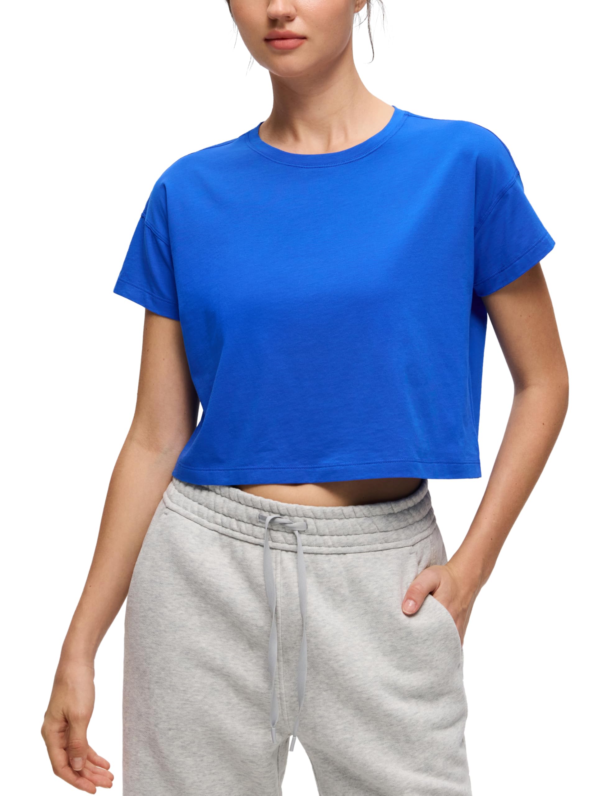 CRZ YOGA Women's Short Sleeve Yoga T-Shirts Loose Fit Sports Fitness Crop Tops Workout Casual Cropped Shirt Strong Blue 16