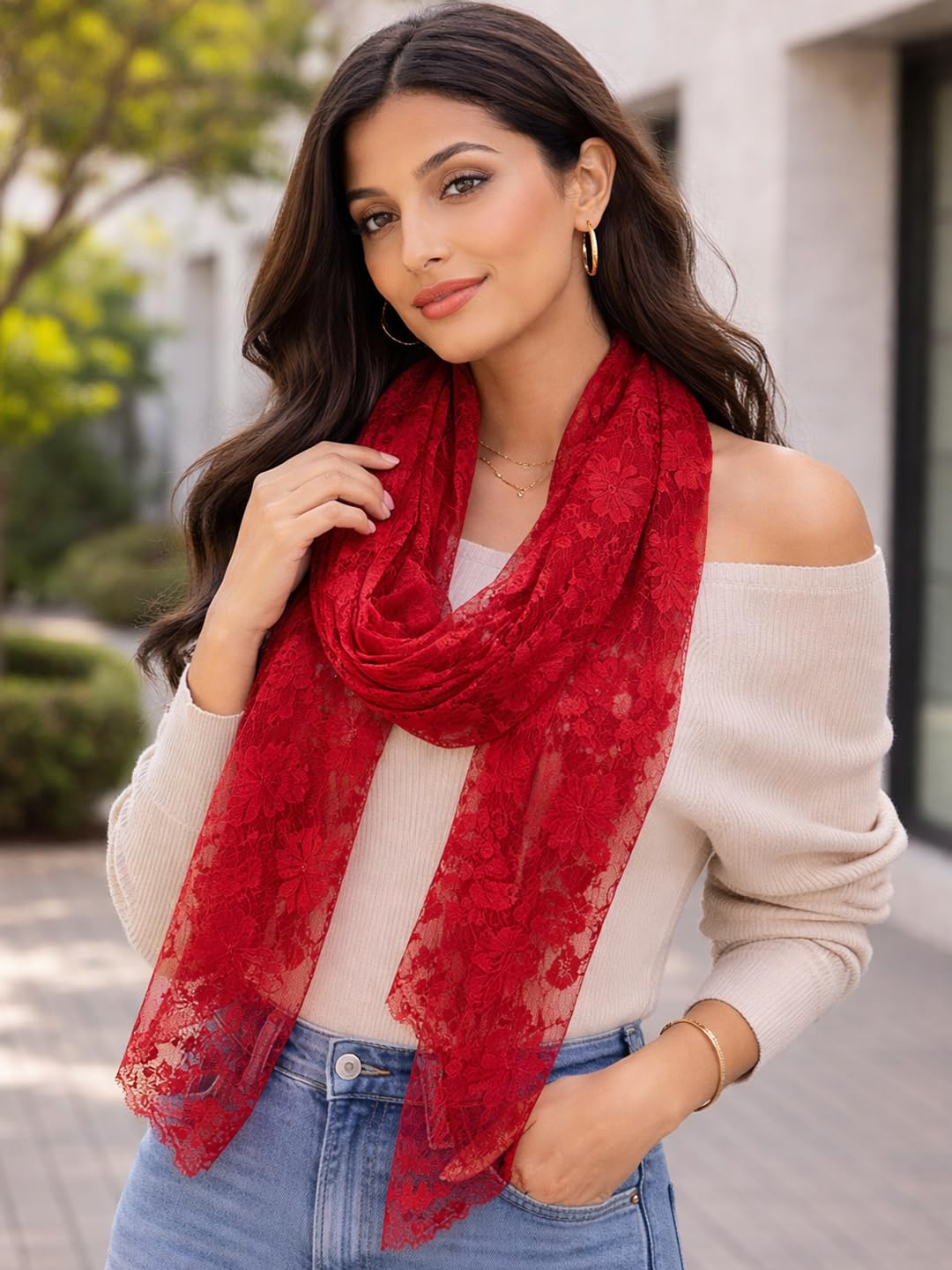 gk villa Red Floral Lace Scarf Lightweight Fashion Accessory One Size-picture-22
