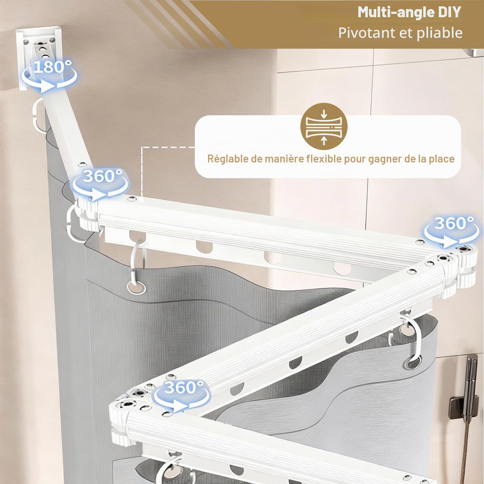 Tringle à rideau de douche pliable sans perçage, pliable et rotative, en alliage d'aluminium avec rideau de douche imperméable anti-moisissure 180 x 200 cm, pour salle de bain, baignoire (blanc/gris)