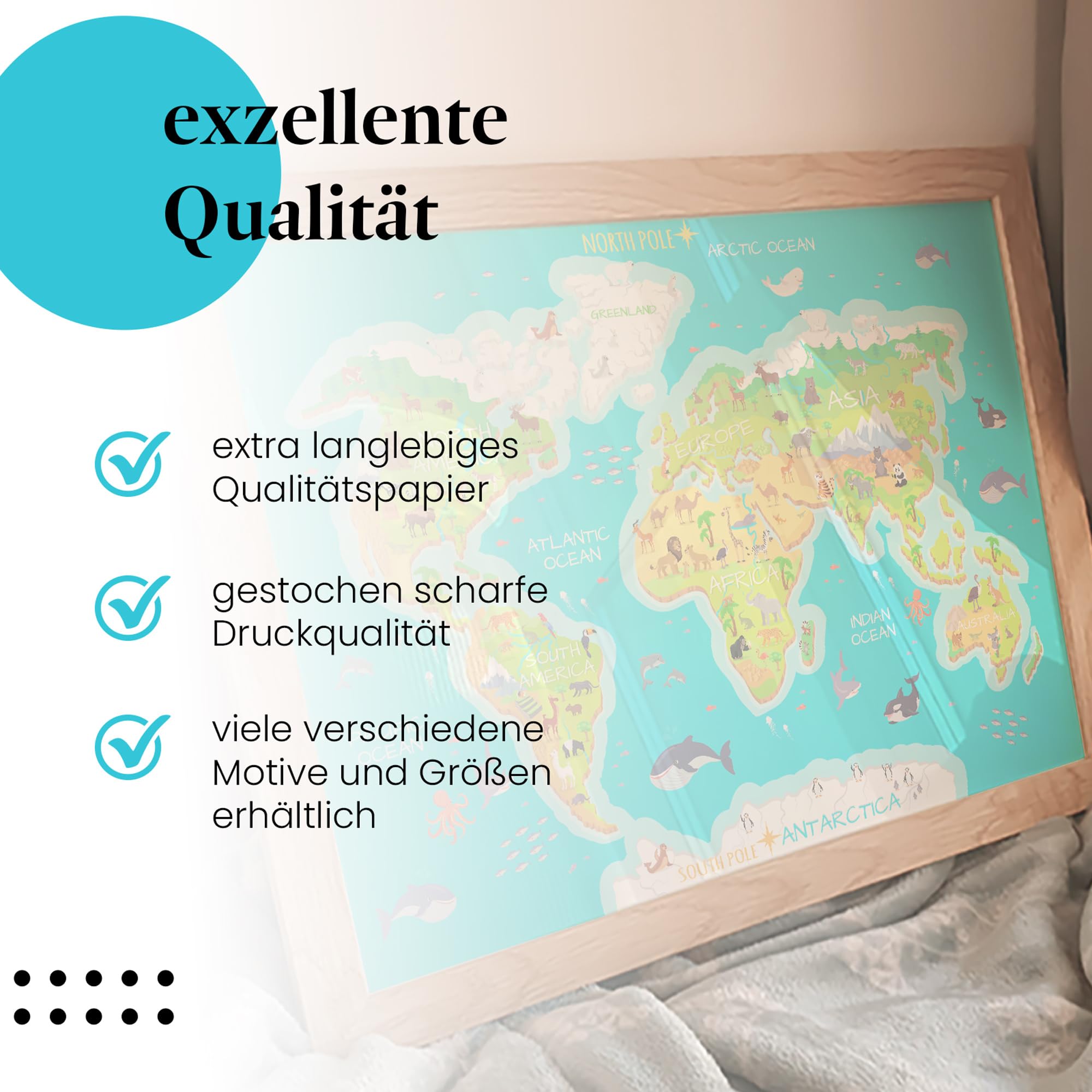 Postereck - 0863 - Weltkarte, Kinder Tiere Kontinente Lernen Schule - Unterricht Klassenzimmer Schule Wandposter Fotoposter Bilder Wandbild Wandbilder - Leinwand - 75,0 cm x 50,0 cm