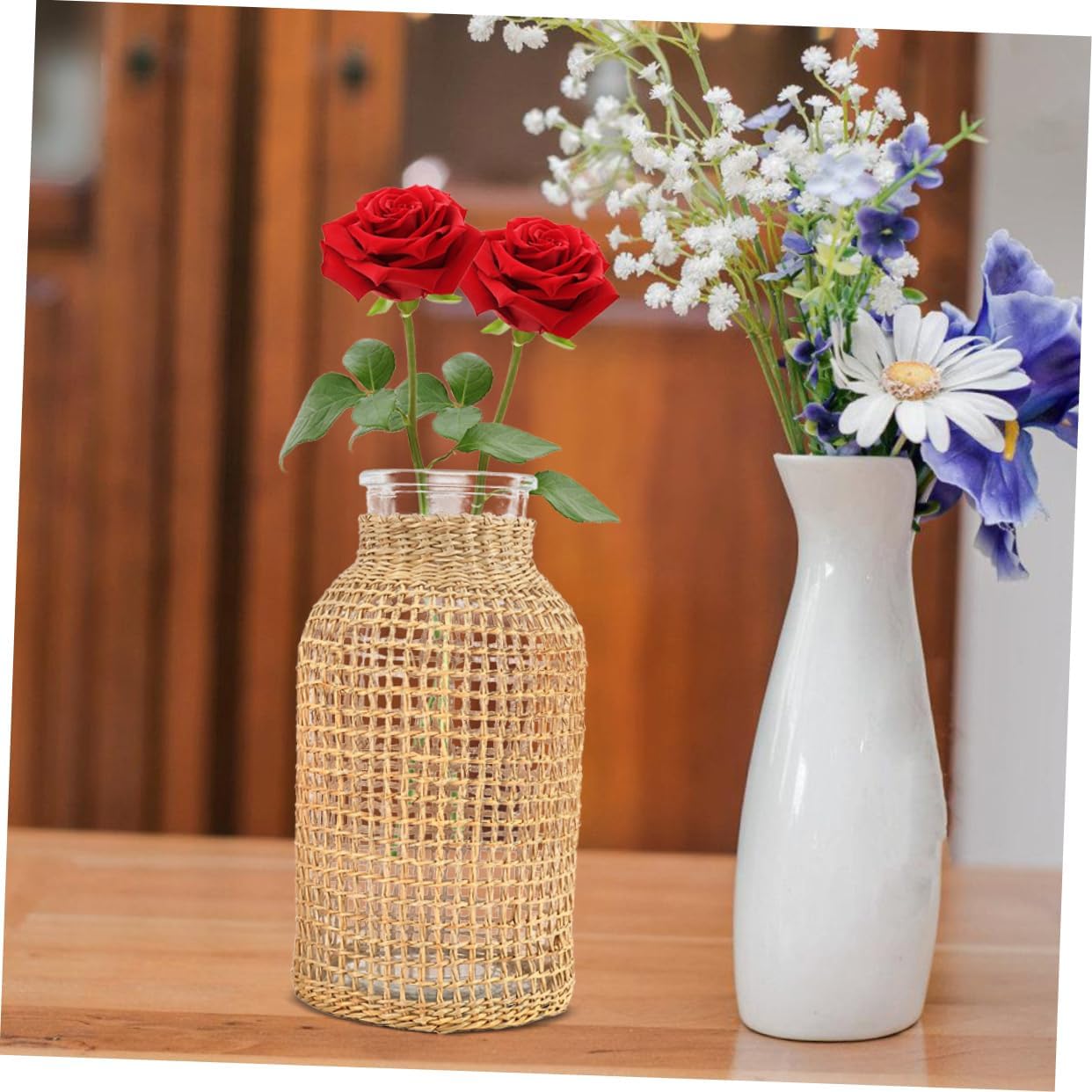 DOITOOL Glass Flower Vase with Woven Rattan Cover 8.07X3.93X3.93In Decorative Dried Flower Vase for Home D Cor Farmhouse Style Floral Container for Table Centerpiece and Desktop Display