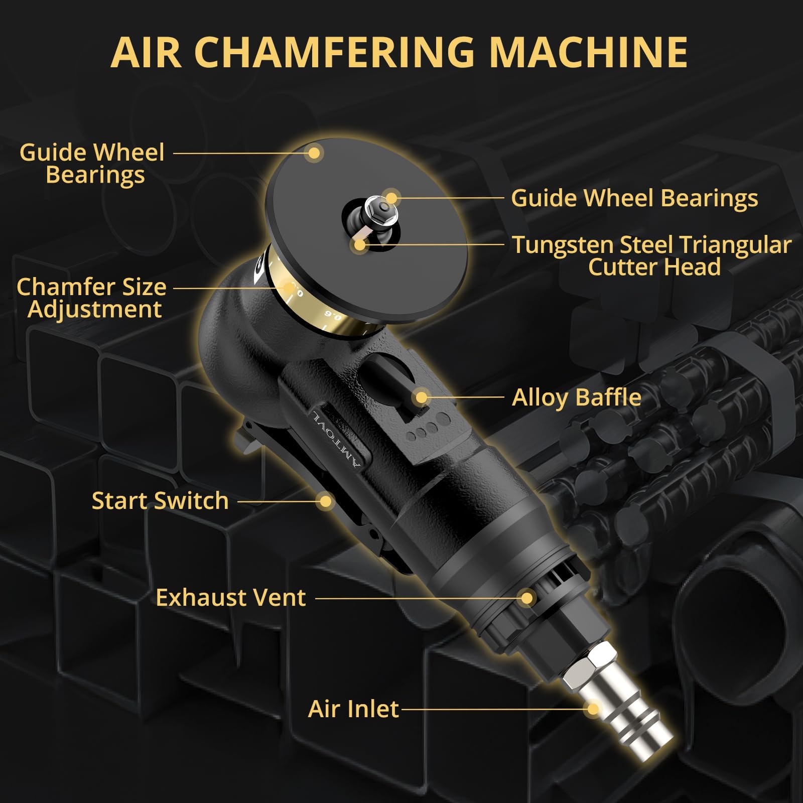 AMTOVL Luftfasenwerkzeug - Mini Pneumatische Anfasmaschine, 30000 U/min Pneumatisches Anfaswerkzeug, 45 Grad Luftabschrägmaschine mit 1/4 Zoll Lufteinlass für Metall, Holz (Schwarz)