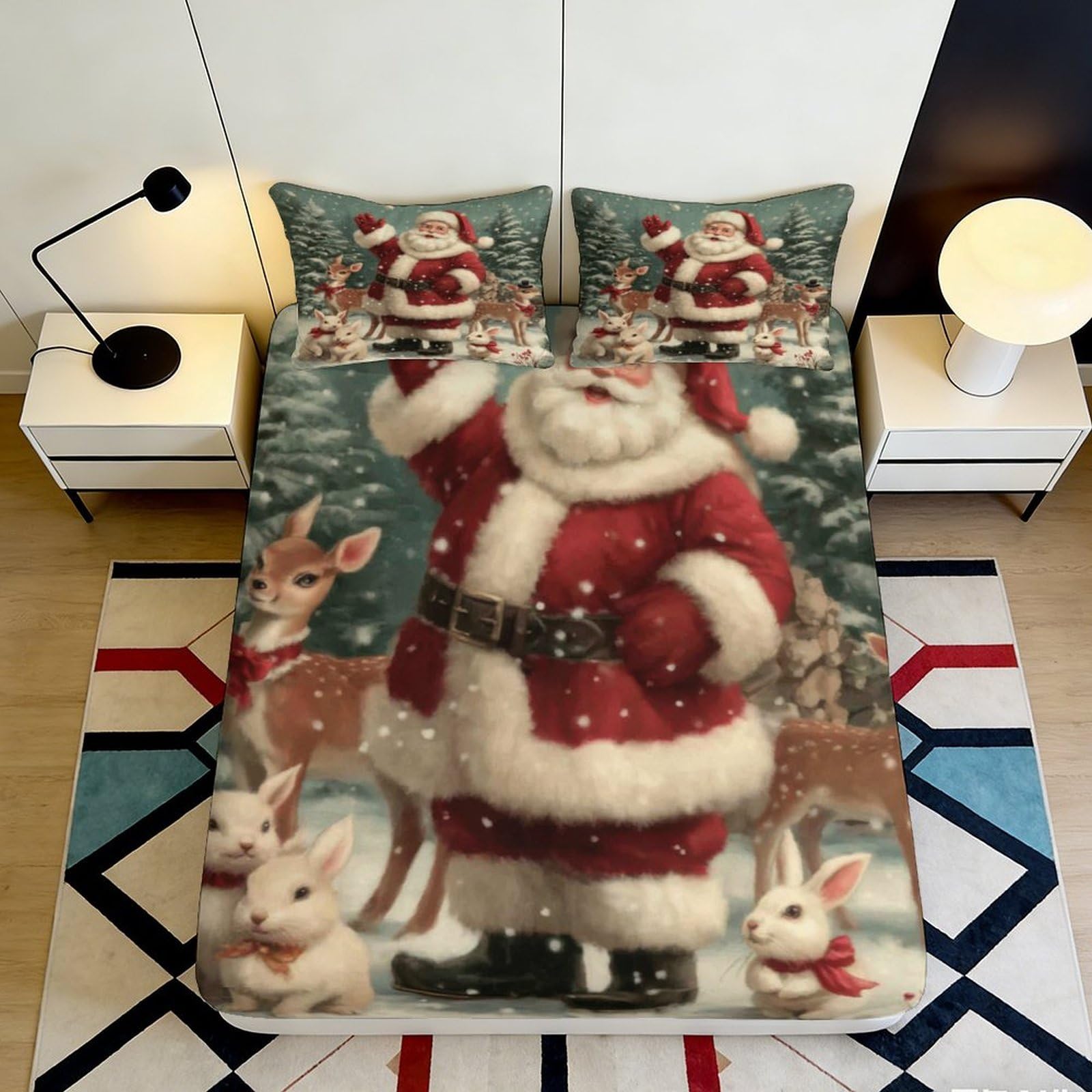 3D Printed Christmas Santa Fitted Sheet Microfiber Soft Red Festive Reindeer Bed Cover for Bedroom Dorm Mattress Decoration 90x200x25cm