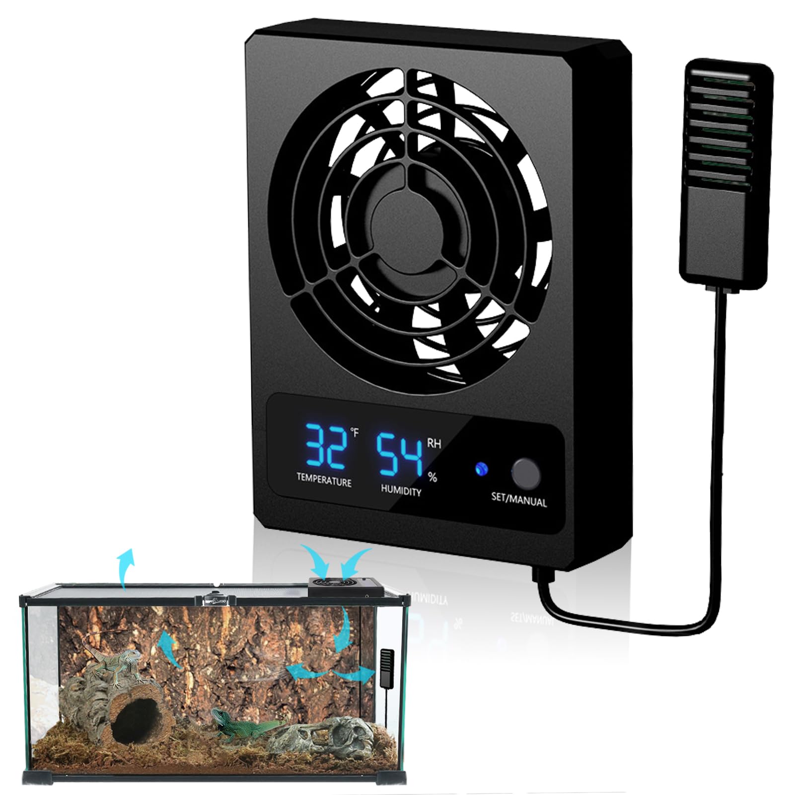 Ventilateur de refroidissement intelligent pour reptiles - Thermomètre et hygromètre avec affichage LED pour reptiles, amphibiens, serpents