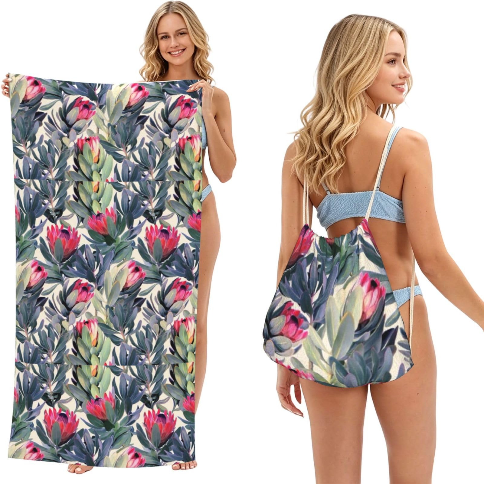 Poadnly As Picture Protea Paradise Printed, 2 In 1 Packable Towel Bag, Beach Towels With Drawstring Backpack For Travel Holiday Camping