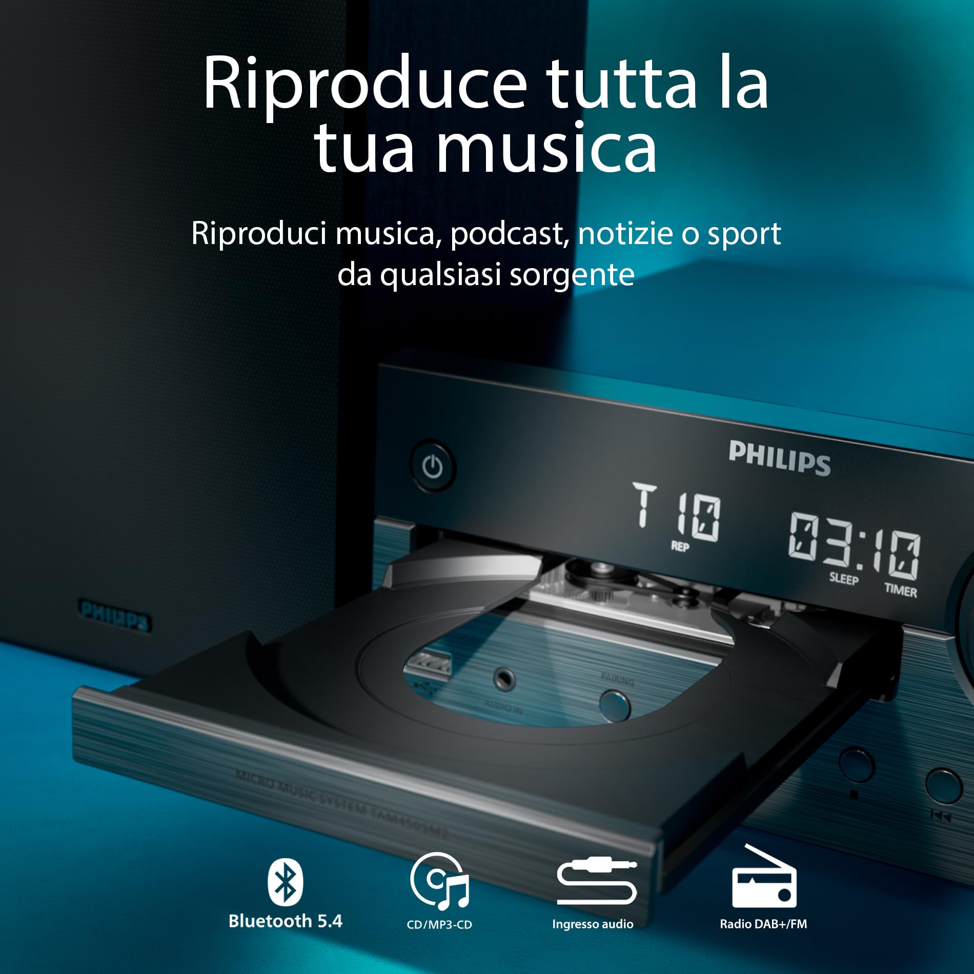 Philips TAM4555M2 Sistema Micro Hi-Fi – 100W, Altoparlanti Bass Reflex, DAB+/FM, CD, USB, Audio-in, Bluetooth 5.4, Auracast, Telecomando, Digital Sound Preset, Imballaggio ecologico