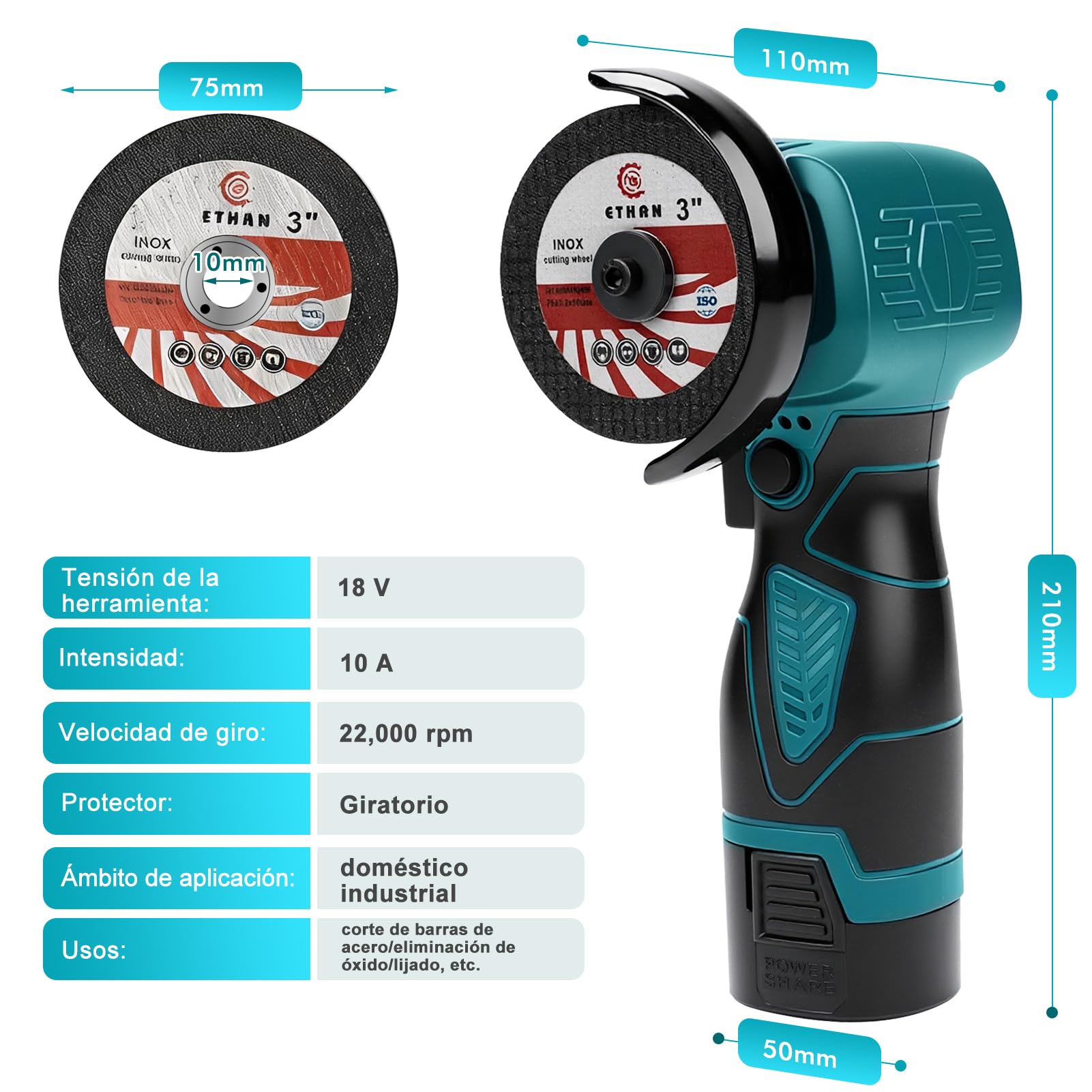 Mini Amoladora Angular BateríA, 22000rpm 18V 76mm Mini Radial PequeñA De BateríA Amoladora Inalambrica Con 2 BateríAs 1300mah Y 7 Discos Para Metal, Madera, Azulejos Pulir, Lijar, Cortar
