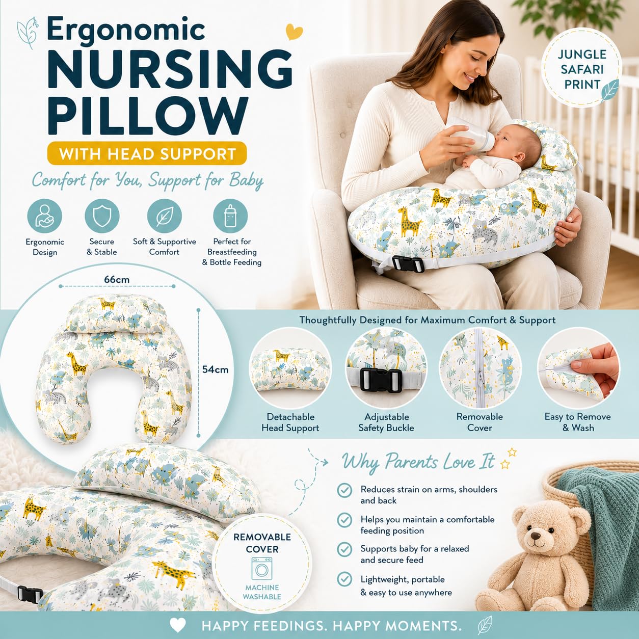 Babymam Coussin d'allaitement avec Ceinture de Sécurité, Allaitement pour Bébé, Bio 100% Coton Déhoussable, Design Safari
